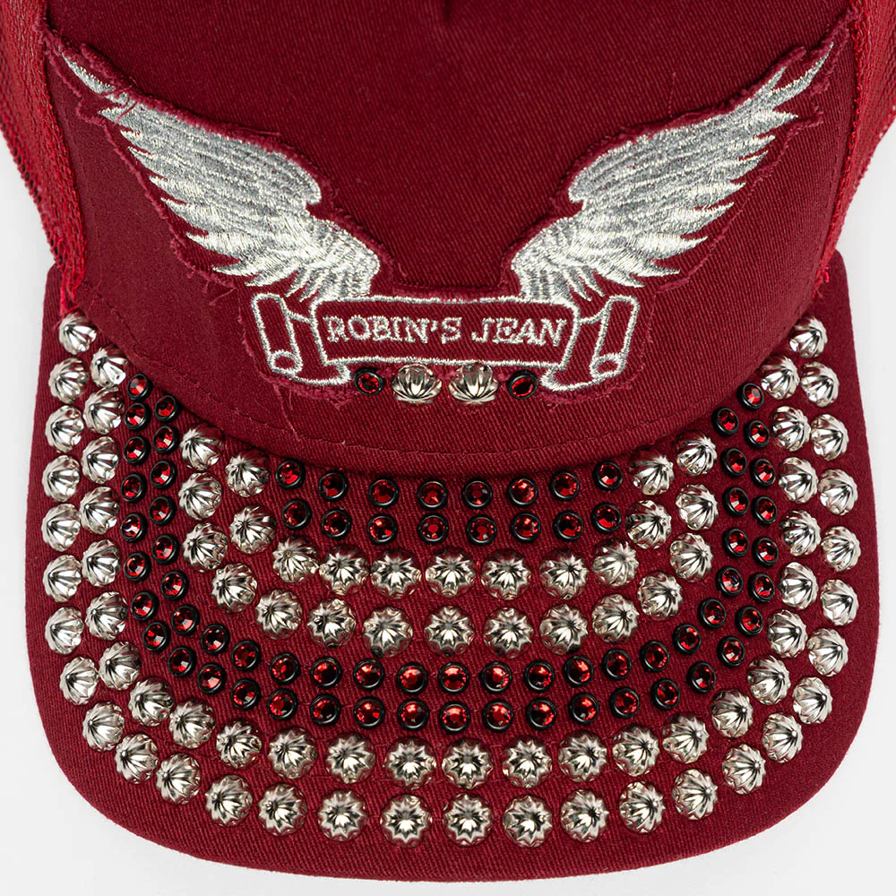 BURGUNDY TRUCKER HAT WITH RED CRYSTAL AND SILVER NAILHEAD EMBELLISHMENT - Image 3