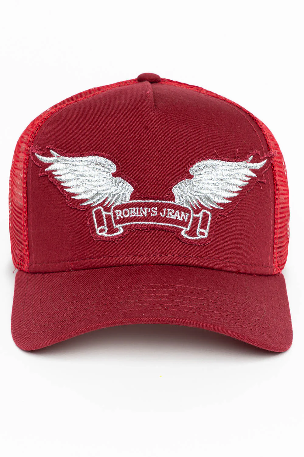 BURGUNDY TRUCKER HAT WITH SILVER WING LOGO EMBROIDERY