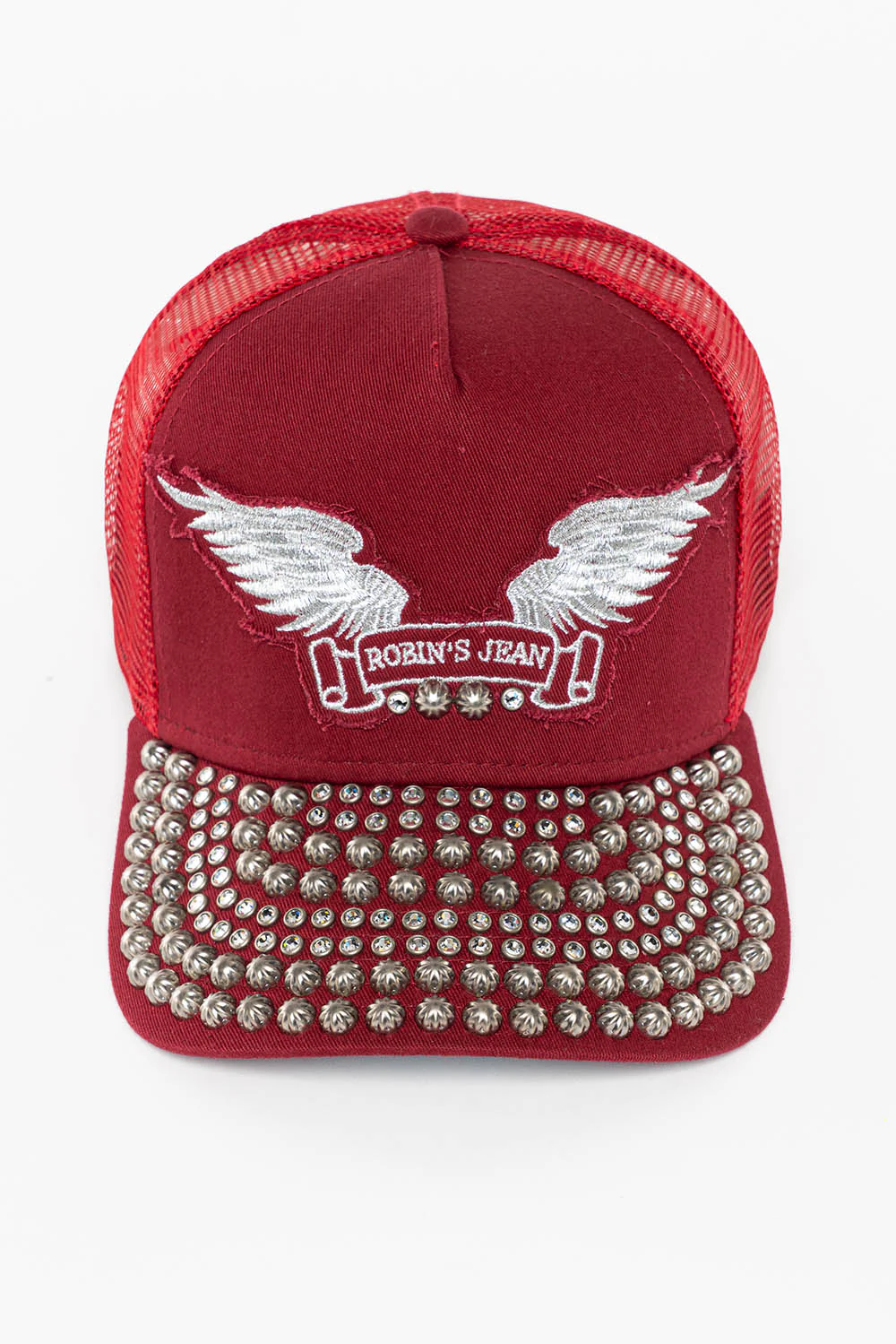 BURGUNDY TRUCKER HAT WITH STUDS AND CRYSTALS