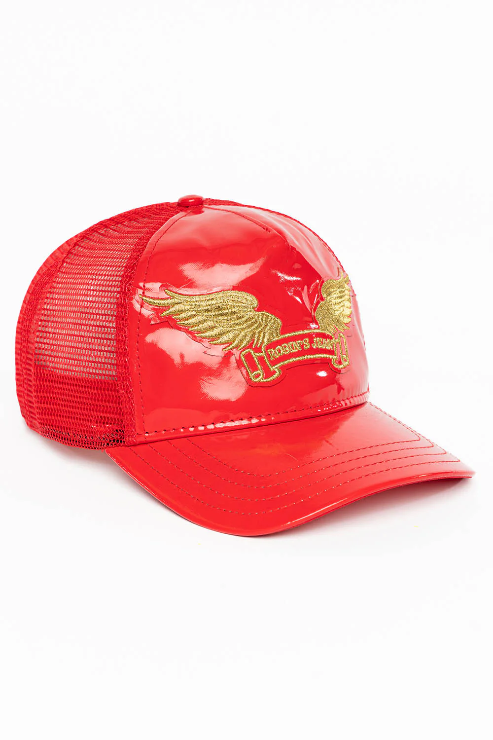 ROBIN’S CLASSIC WING CAP IN RED PATENT WITH GOLD EMBROIDERED LOGO - Image 2