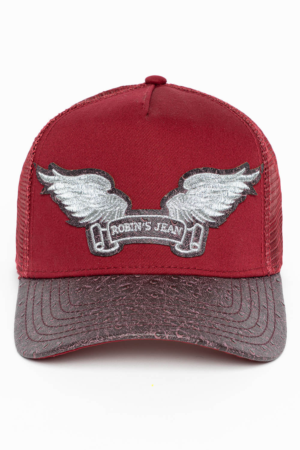 BURGUNDY/WINE OSTRICH TRUCKER HAT WITH SILVER WING LOGO EMBROIDERY