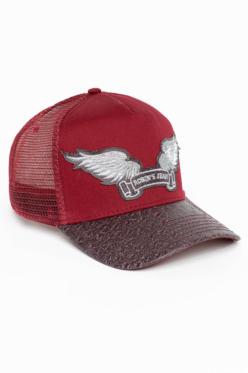 BURGUNDY/WINE OSTRICH TRUCKER HAT WITH SILVER WING LOGO EMBROIDERY - Image 2