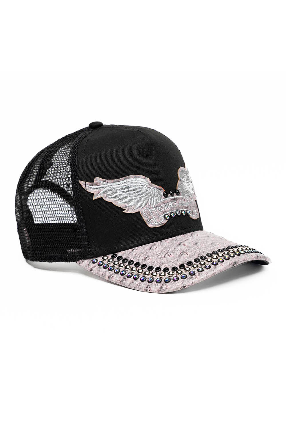 BLK/GREY OSTRICH TRUCKER HAT WITH SILVER EMBELLISHMENT - Image 3