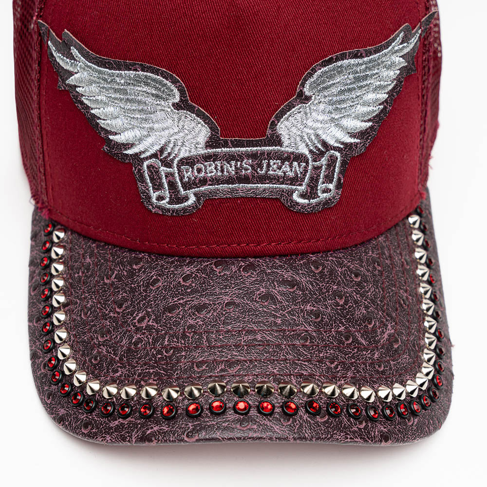 BURGUNDY/WINE OSTRICH TRUCKER HAT WITH SILVER SPIKE/RED CRYSTAL EMBELLISHMENT - Image 2