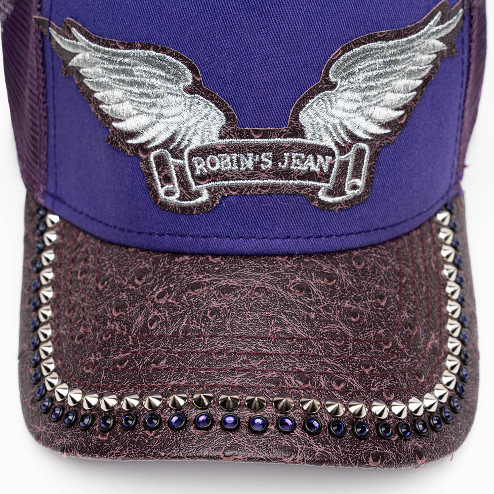 PURPLE/WINE OSTRICH TRUCKER HAT WITH SILVER SPIKE/PURPLE CRYSTAL EMBELLISHMENT - Image 2