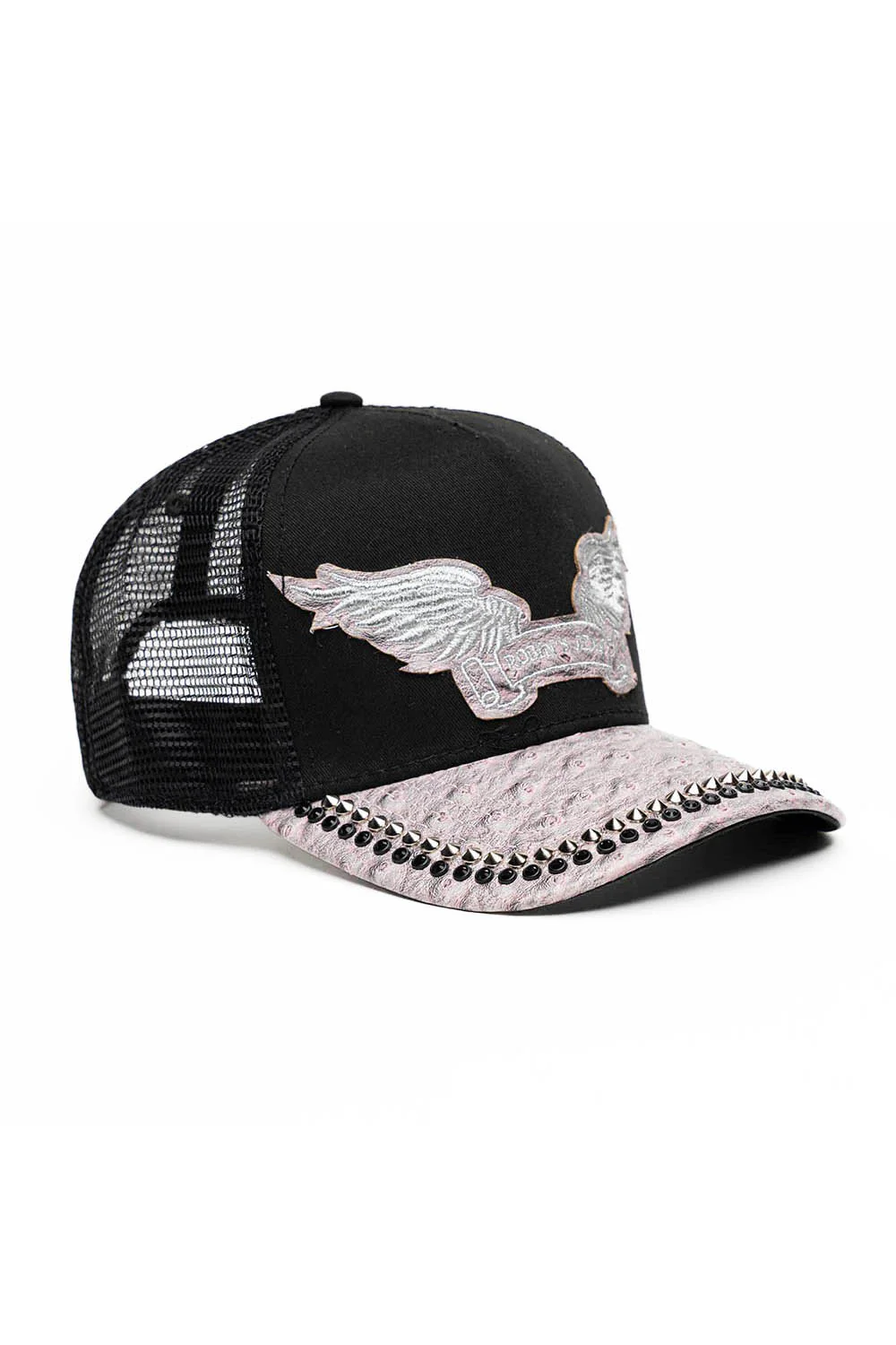 BLK/GREY OSTRICH TRUCKER HAT WITH SILVER SPIKE/BLK CRYSTAL EMBELLISHMENT - Image 3