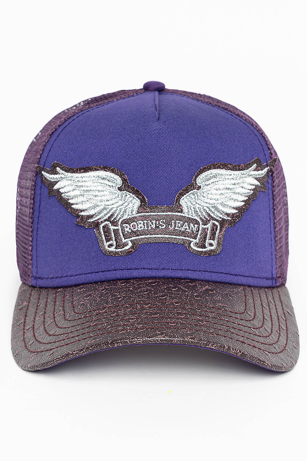 PURPLE/WINE OSTRICH TRUCKER HAT WITH SILVER WING LOGO EMBROIDERY
