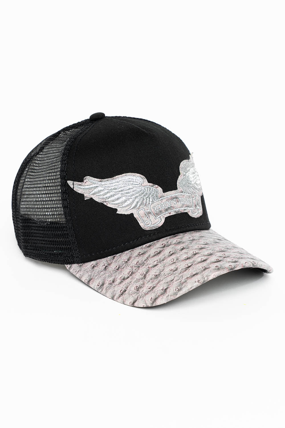 BLK/GREY OSTRICH TRUCKER HAT WITH SILVER EMBROIDERED WINGS - Image 2