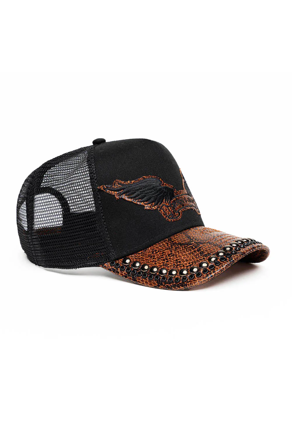 BLK/BROWN PYTHON TRUCKER HAT WITH JET BLK CRYSTAL/GUNMETAL NAILHEADS EMBELLISHMENT - Image 2