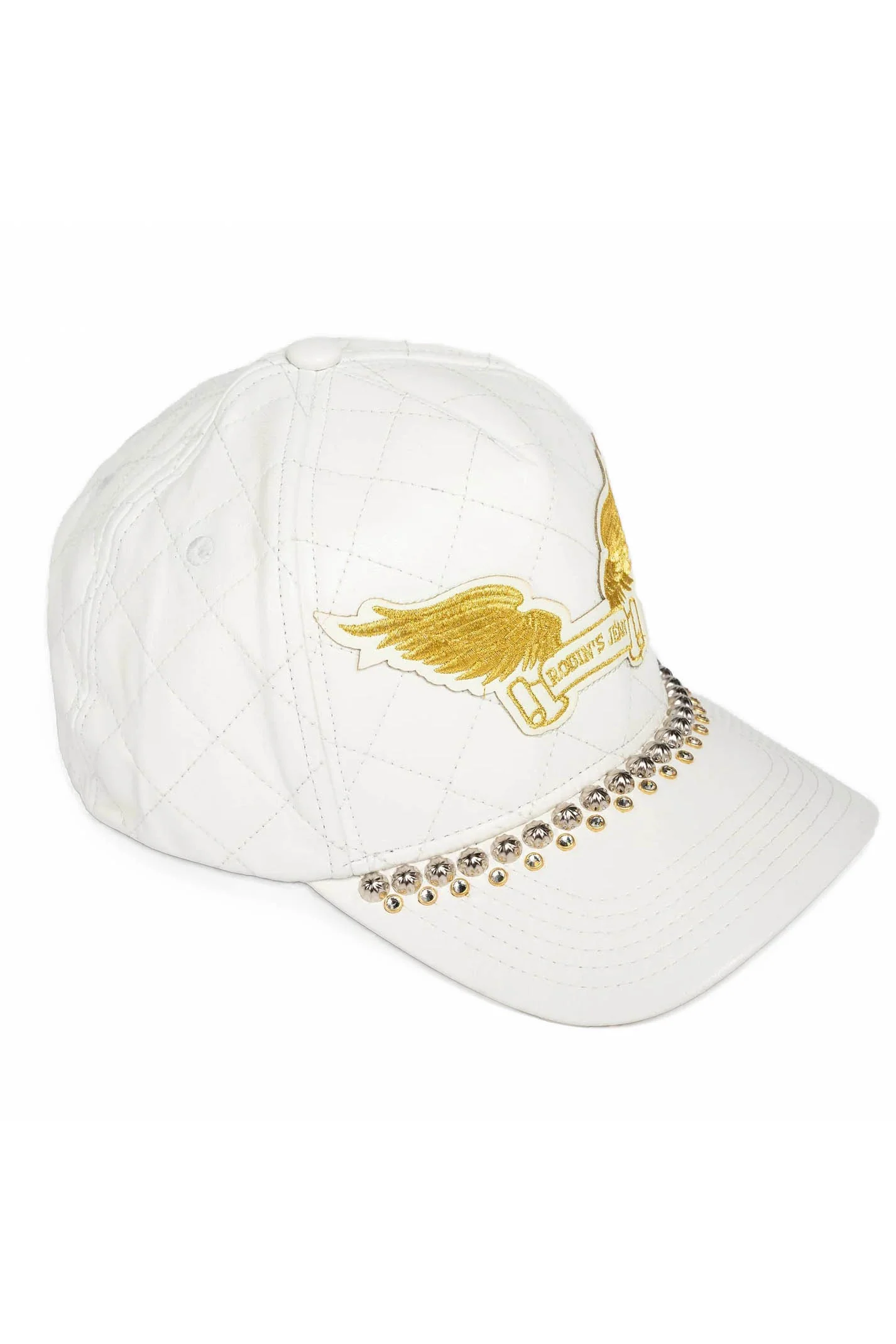 ROBINS LEATHER QUILTED CAP WITH GOLD WINGS STUDS AND CRYSTALS IN WHITE - Image 3