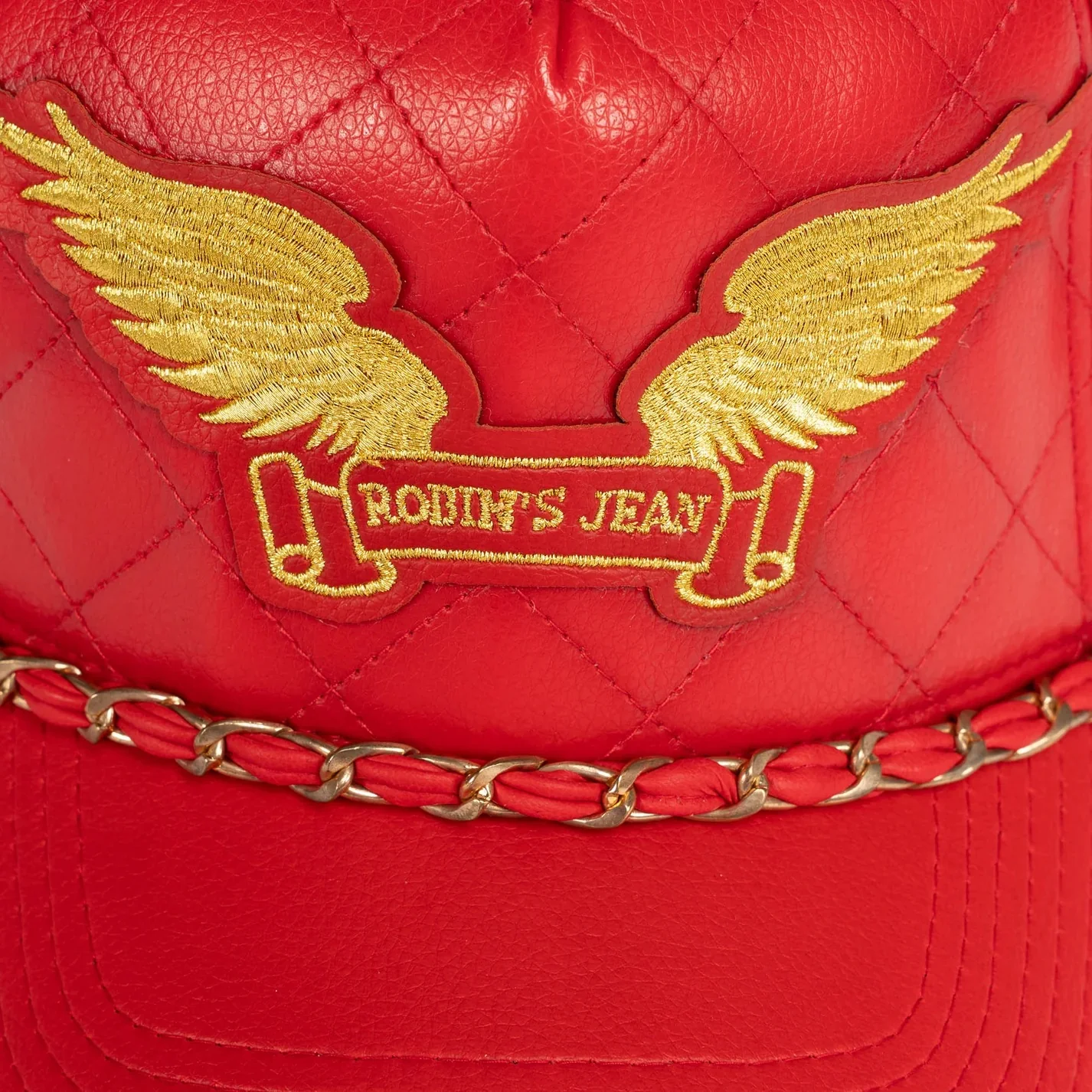 ROBINS LEATHER QUILTED CAP WITH GOLD WINGS STUDS AND COPPER CHAIN IN RED - Image 3