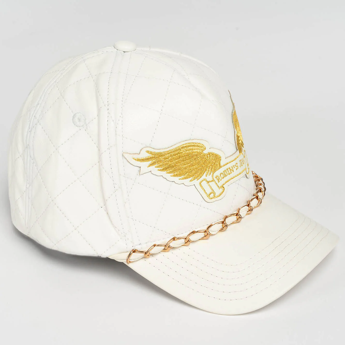 ROBINS LEATHER QUILTED CAP WITH GOLD WINGS STUDS AND COPPER CHAIN IN WHITE - Image 2