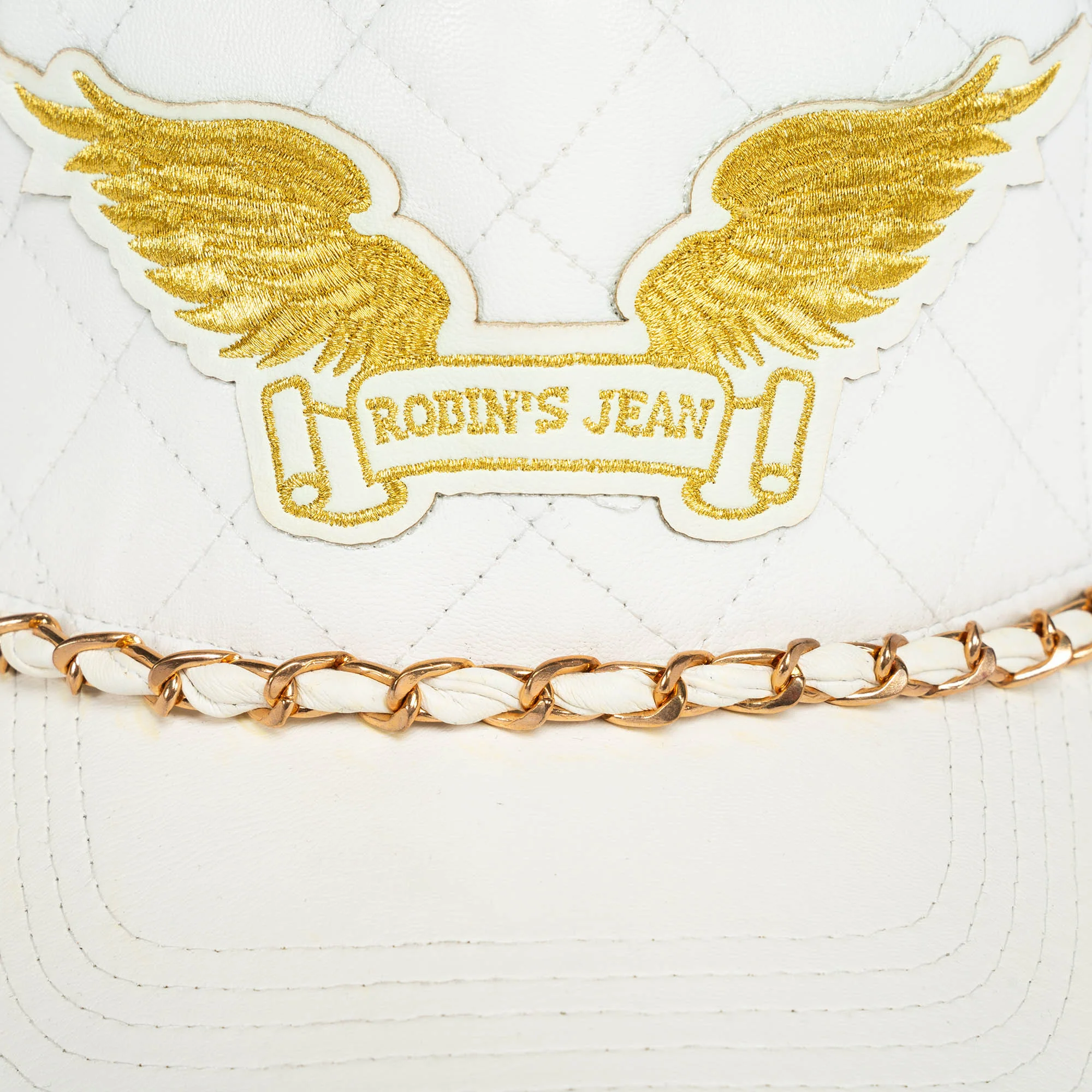 ROBINS LEATHER QUILTED CAP WITH GOLD WINGS STUDS AND COPPER CHAIN IN WHITE - Image 3