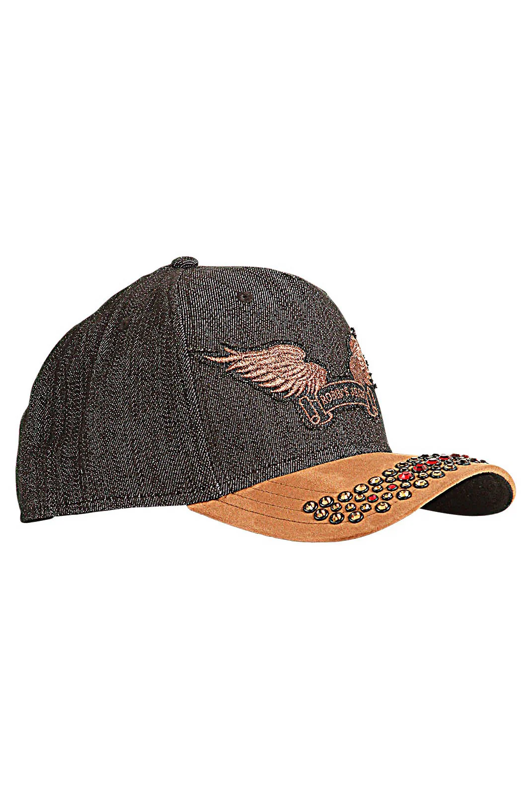 DENIM SUEDE CAP WITH RED & SMOKY TOPAZ CRYSTALS - Image 2