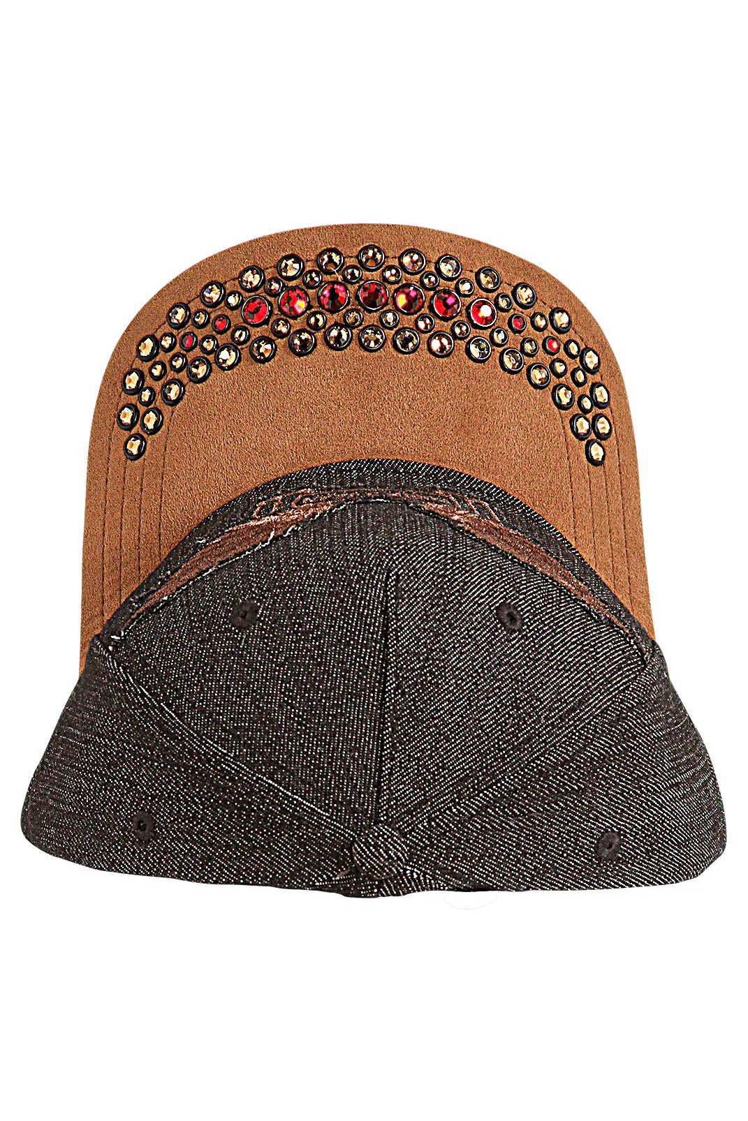 DENIM SUEDE CAP WITH RED & SMOKY TOPAZ CRYSTALS - Image 3