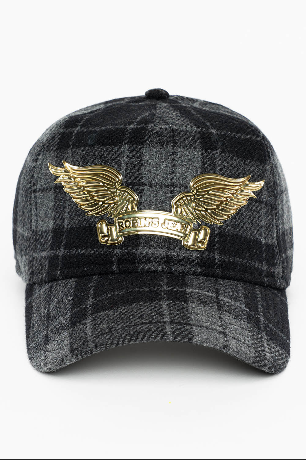 PLAID CAP IN CHARCOAL WITH GOLD EMBOSSED ROBIN’S SIGNATURE WING