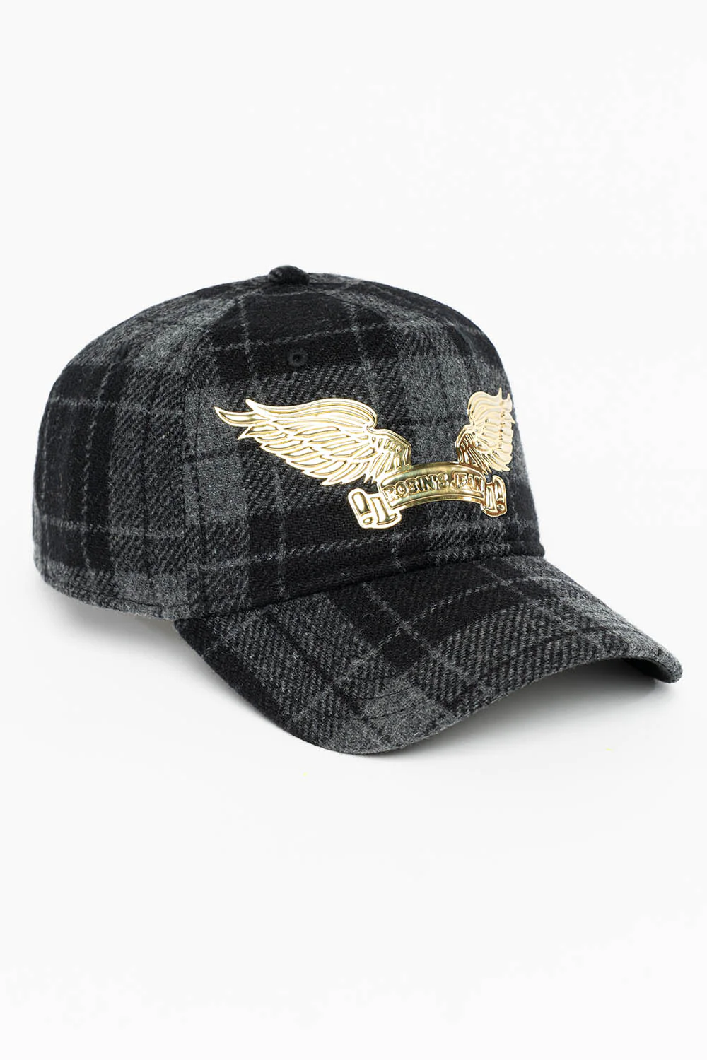 PLAID CAP IN CHARCOAL WITH GOLD EMBOSSED ROBIN’S SIGNATURE WING - Image 2