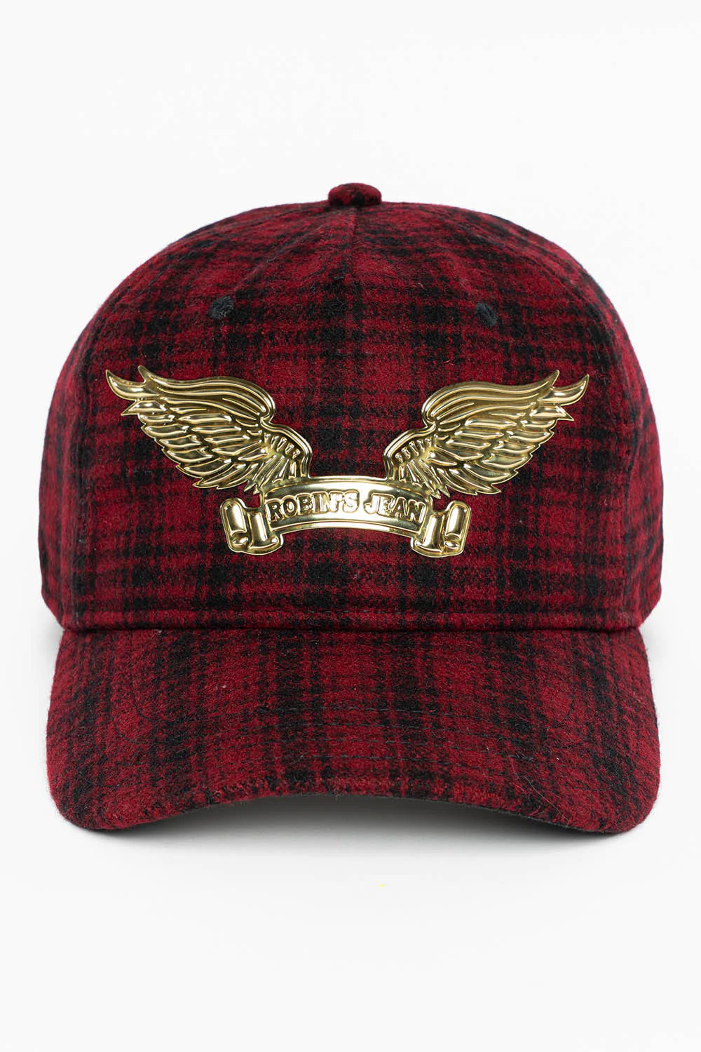 PLAID CAP IN RED WITH GOLD EMBOSSED ROBIN’S SIGNATURE WING