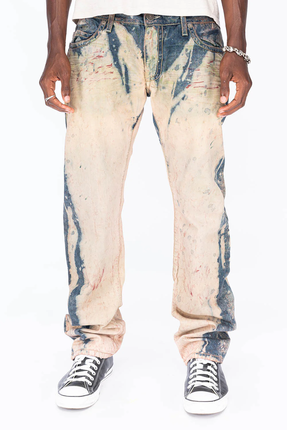 CLASSIC 5 POCKET STRAIGHT LEG IN BLUE -BEIGE GRAFFITI WASH WITH CRYSTALS & STUDS - Image 2