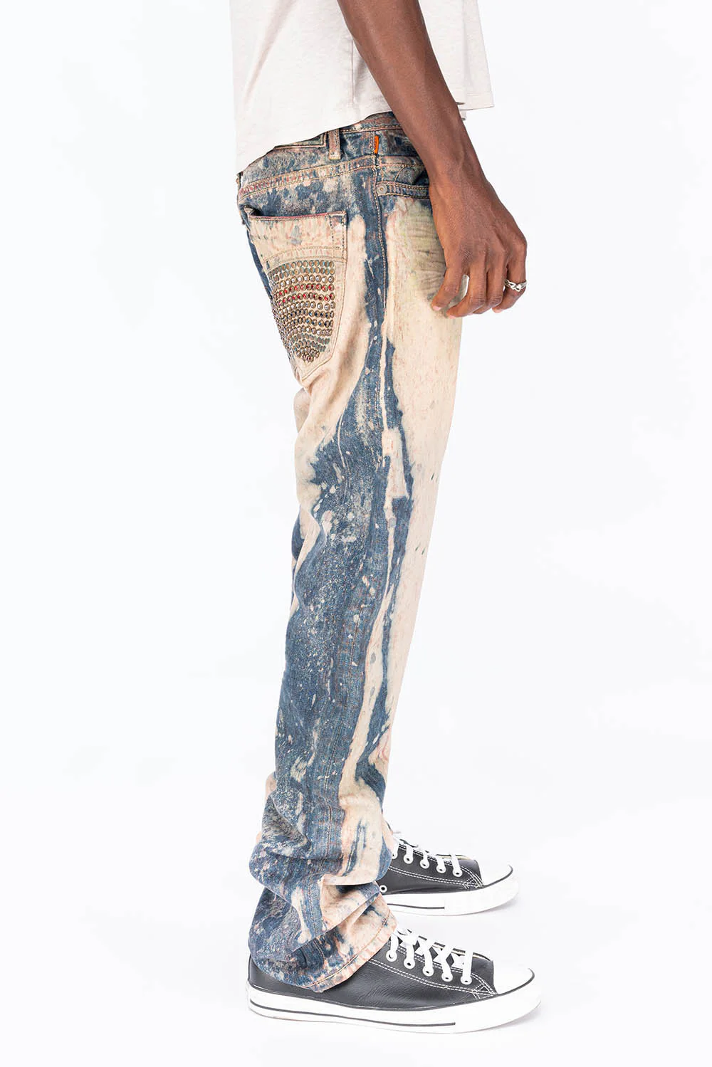 CLASSIC 5 POCKET STRAIGHT LEG IN BLUE -BEIGE GRAFFITI WASH WITH CRYSTALS & STUDS - Image 3