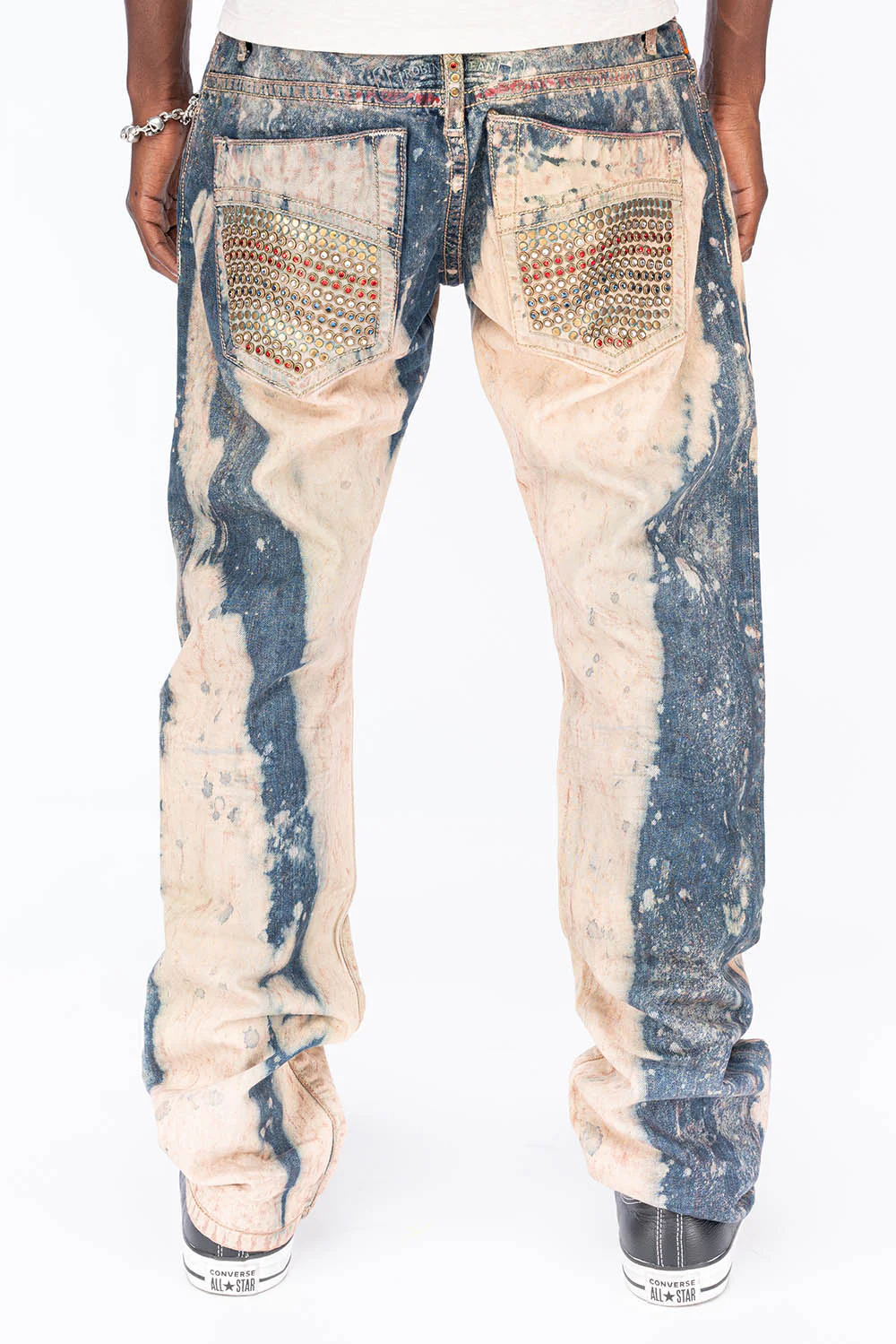 CLASSIC 5 POCKET STRAIGHT LEG IN BLUE -BEIGE GRAFFITI WASH WITH CRYSTALS & STUDS - Image 4