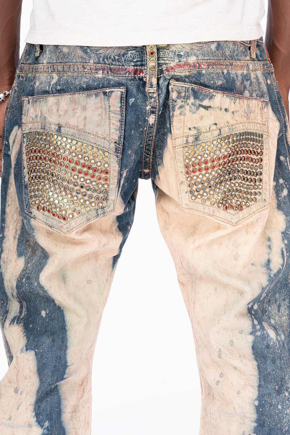 CLASSIC 5 POCKET STRAIGHT LEG IN BLUE -BEIGE GRAFFITI WASH WITH CRYSTALS & STUDS - Image 5
