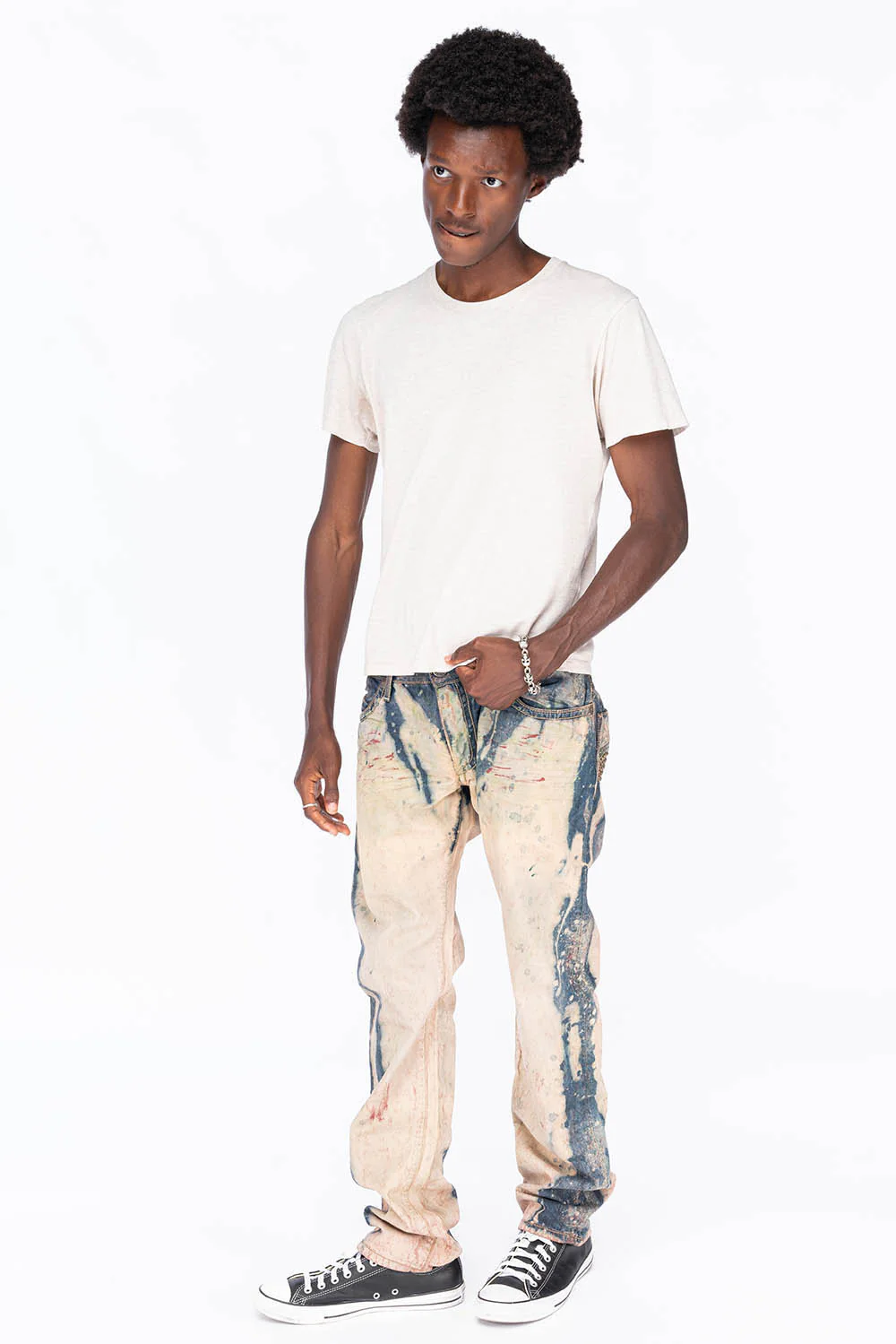 CLASSIC 5 POCKET STRAIGHT LEG IN BLUE -BEIGE GRAFFITI WASH WITH CRYSTALS & STUDS - Image 8