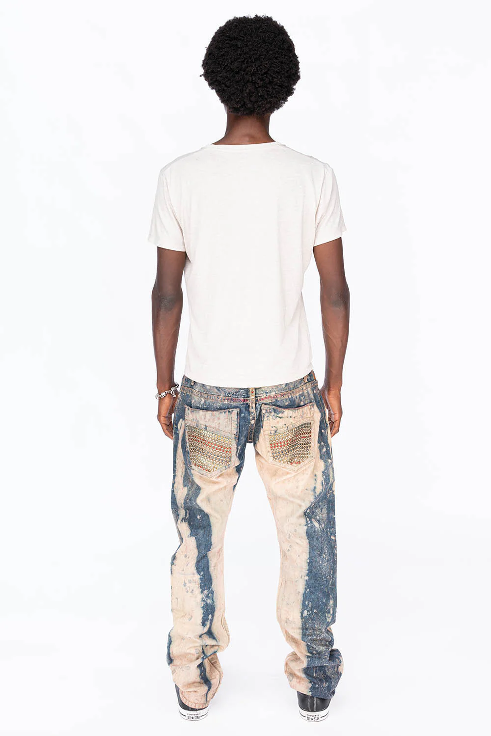 CLASSIC 5 POCKET STRAIGHT LEG IN BLUE -BEIGE GRAFFITI WASH WITH CRYSTALS & STUDS - Image 9