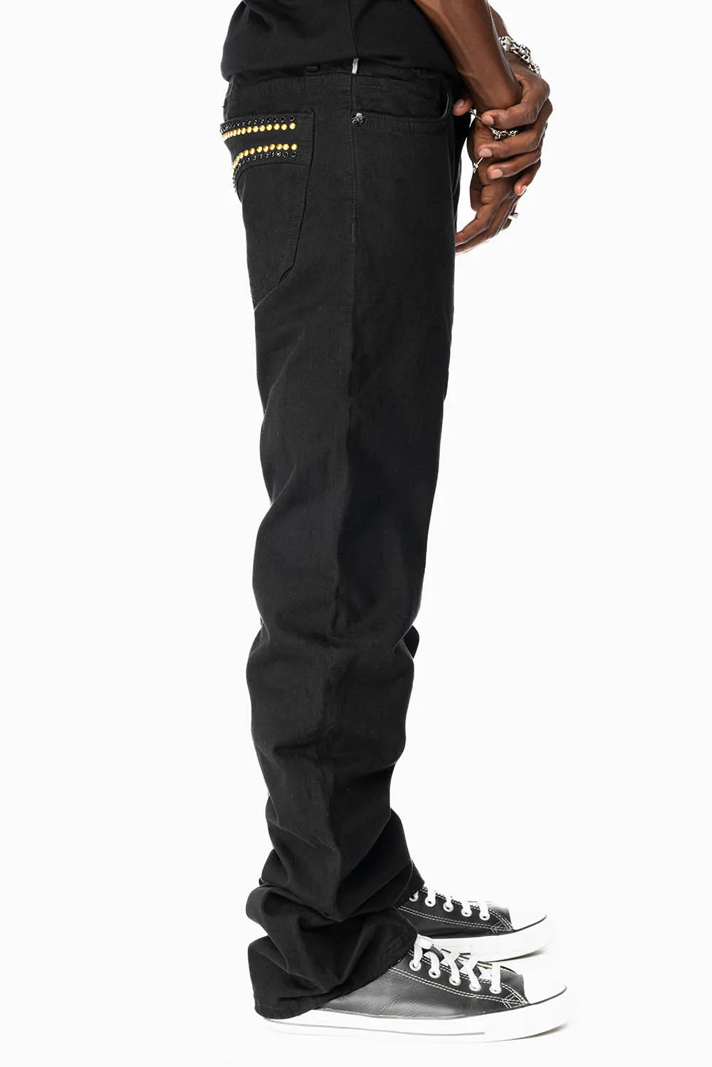 CLASSIC STRAIGHT LEG JEANS IN  BLACK WASH EMBELLISHED WITH STUDS & CRYSTALS - Image 6