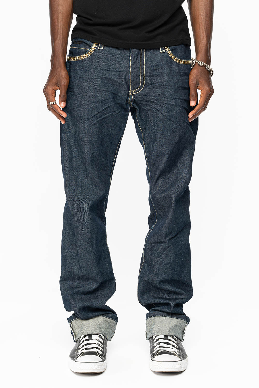 CLINT W/BLACK LEATHER ZIPPER  FLAPS EMBELLISHED WITH CRYSTALS AND NAILHEADS IN RINSE WASH - Image 3