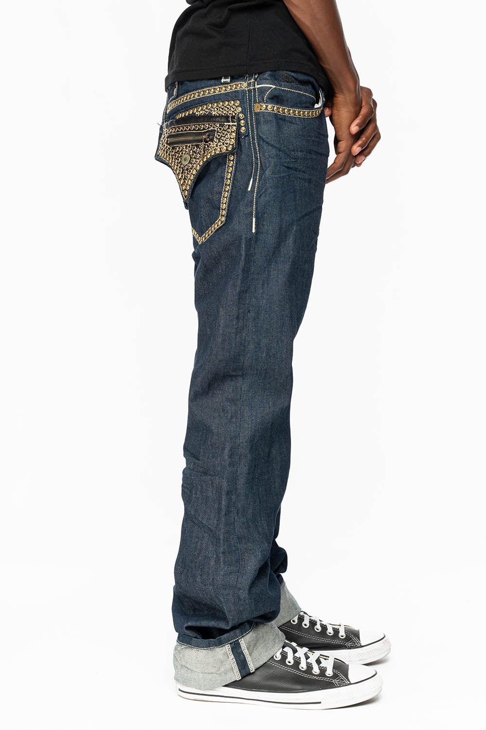 CLINT W/BLACK LEATHER ZIPPER  FLAPS EMBELLISHED WITH CRYSTALS AND NAILHEADS IN RINSE WASH - Image 4