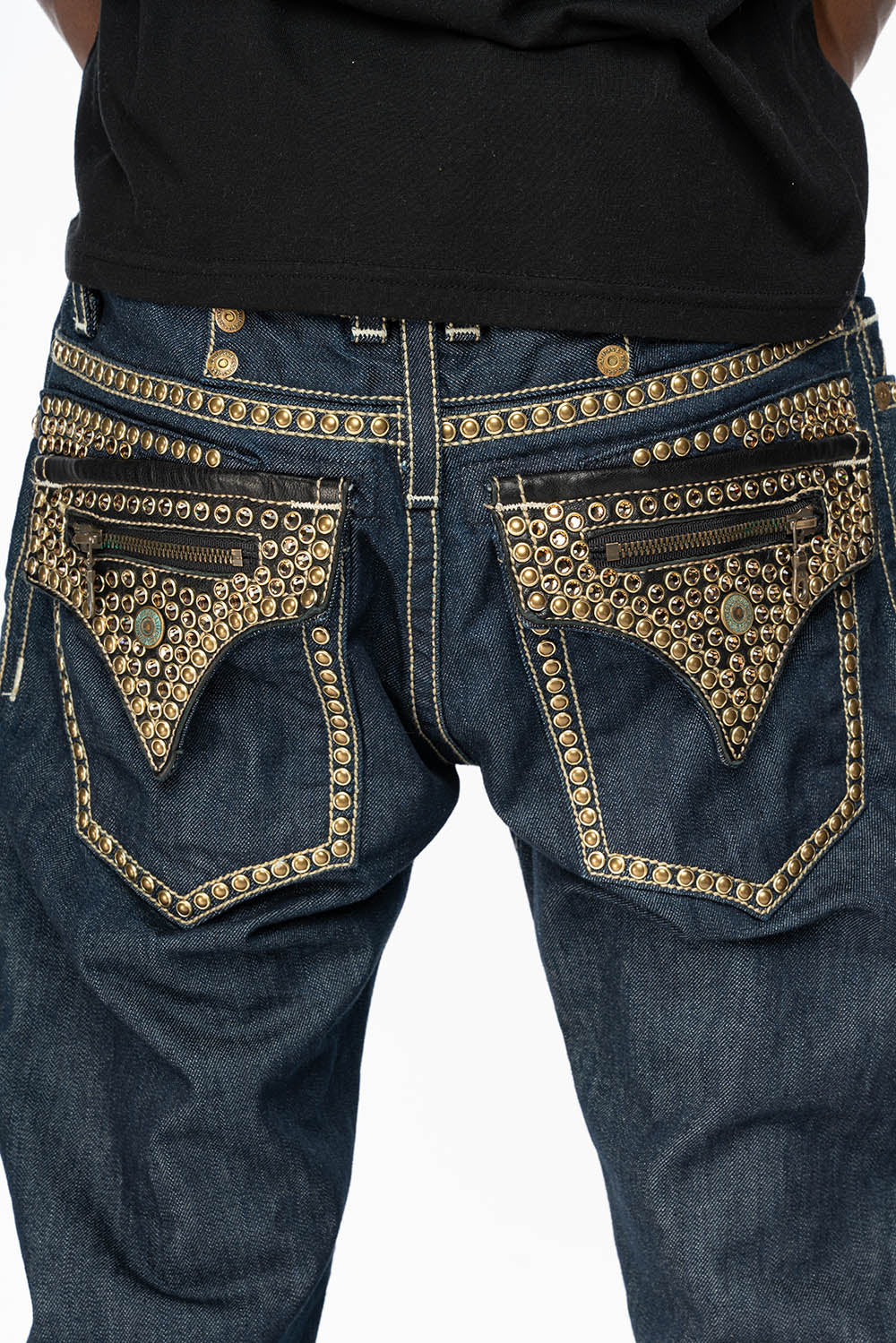 CLINT W/BLACK LEATHER ZIPPER  FLAPS EMBELLISHED WITH CRYSTALS AND NAILHEADS IN RINSE WASH - Image 5
