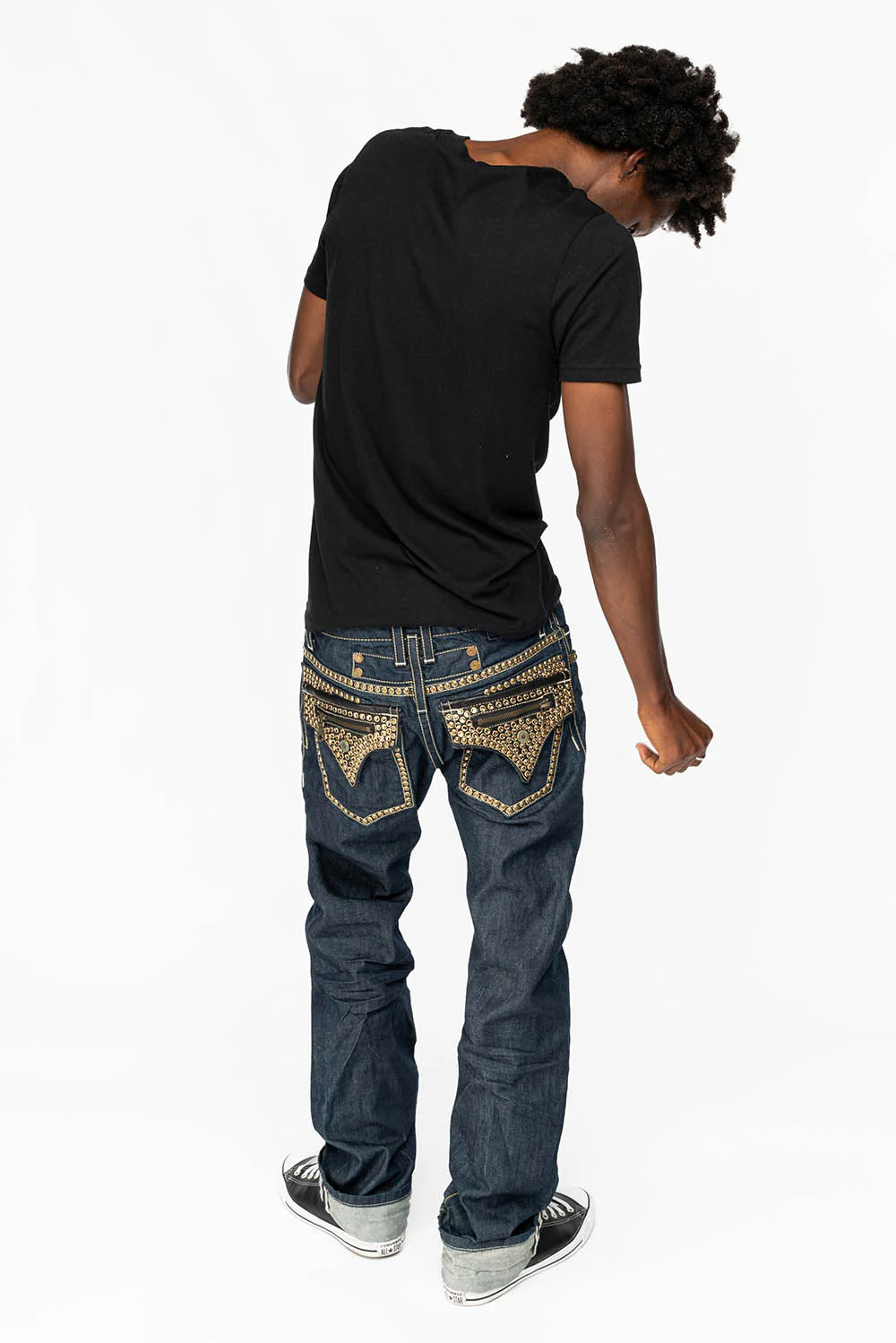 CLINT W/BLACK LEATHER ZIPPER  FLAPS EMBELLISHED WITH CRYSTALS AND NAILHEADS IN RINSE WASH - Image 6