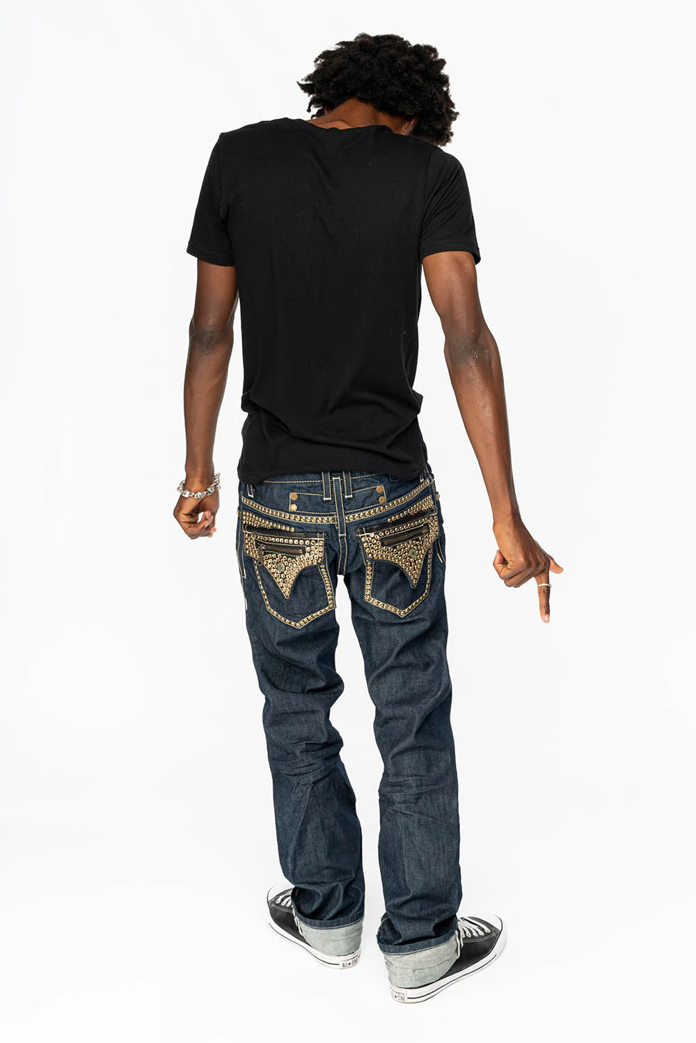 CLINT W/BLACK LEATHER ZIPPER  FLAPS EMBELLISHED WITH CRYSTALS AND NAILHEADS IN RINSE WASH - Image 7