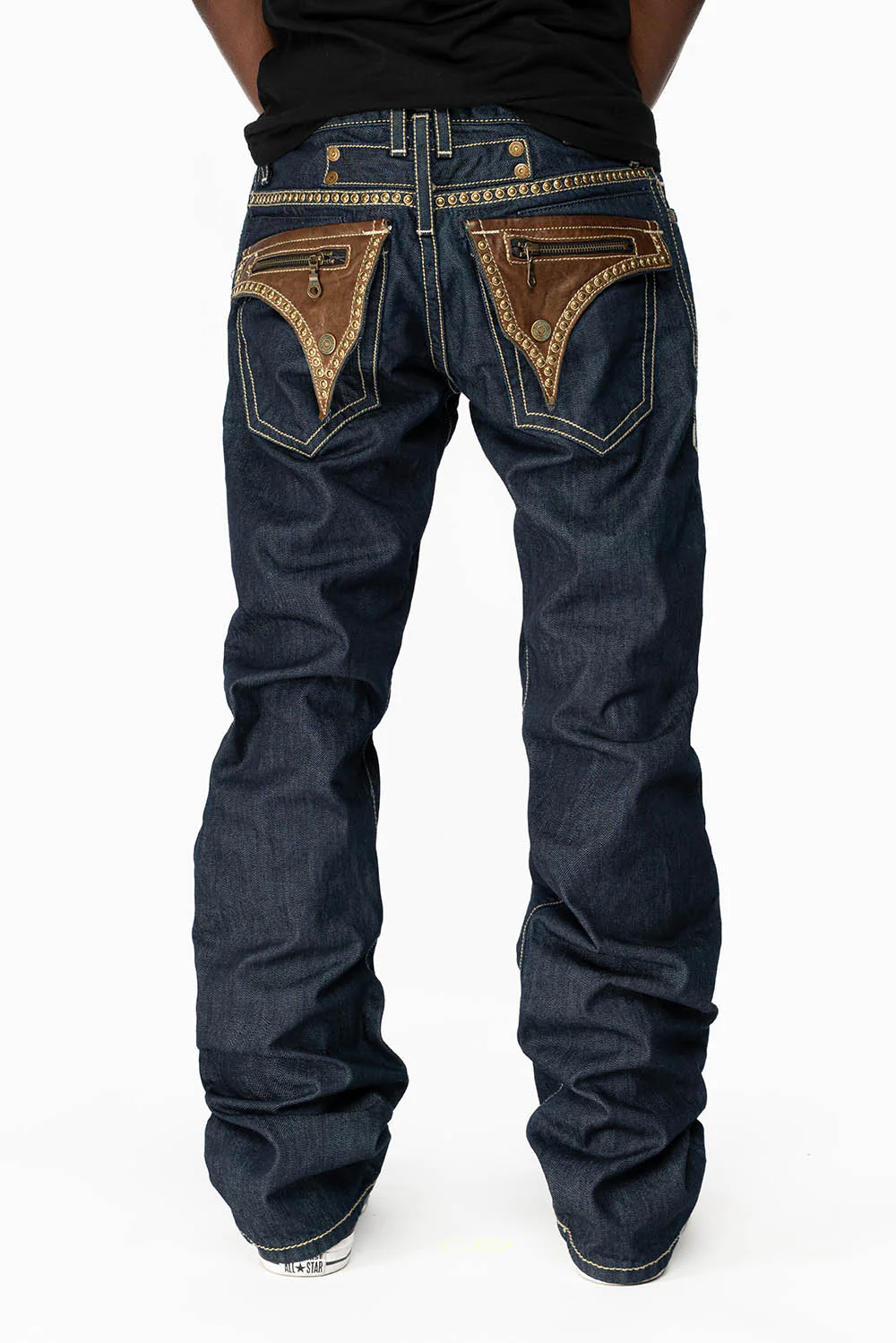 CLINT W/BROWN LEATHER ZIPPER FLAPS IN RINSE WASH WITH ANTIQUE BRASS EMBELLISHMENT - Image 3