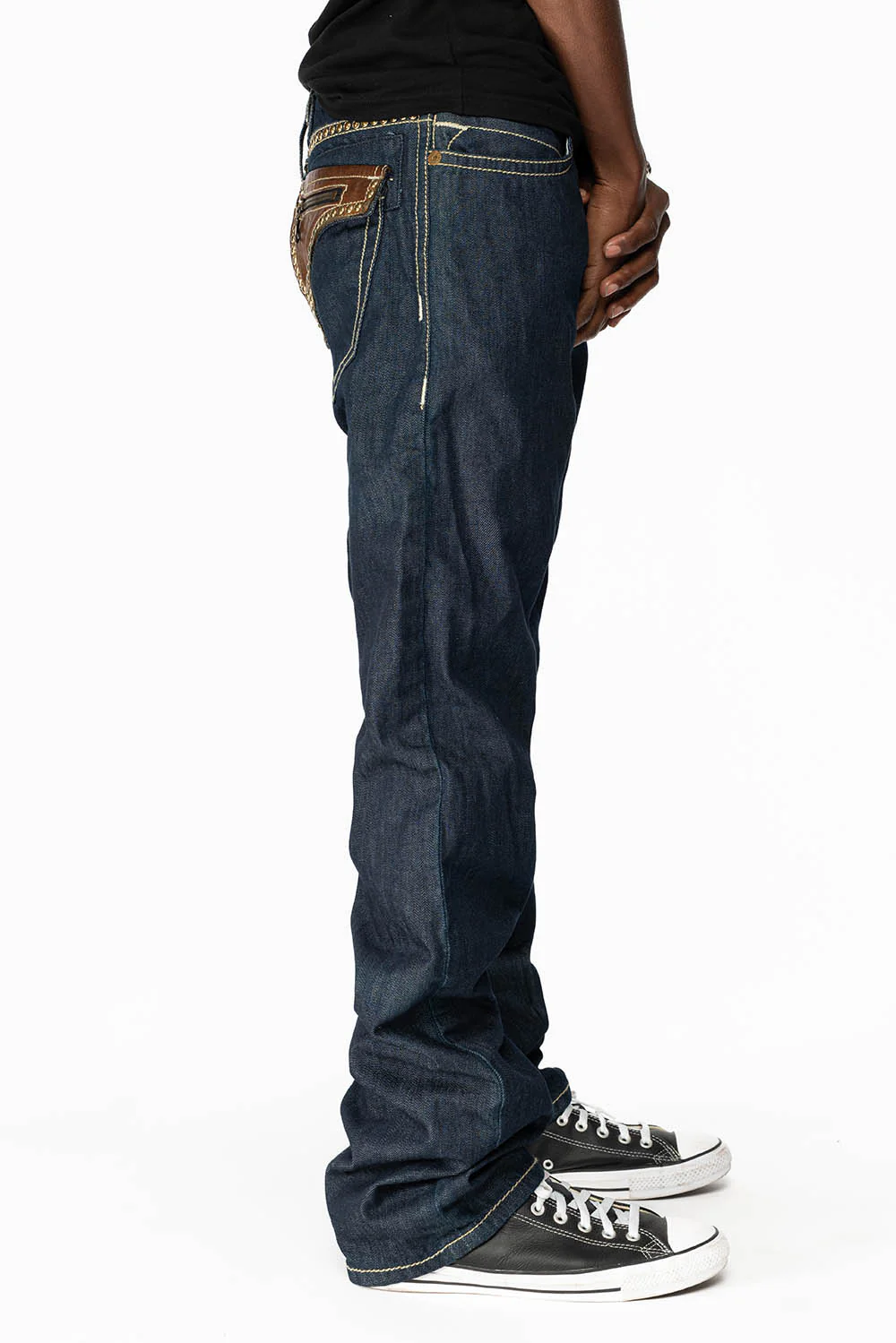 CLINT W/BROWN LEATHER ZIPPER FLAPS IN RINSE WASH WITH ANTIQUE BRASS EMBELLISHMENT - Image 5