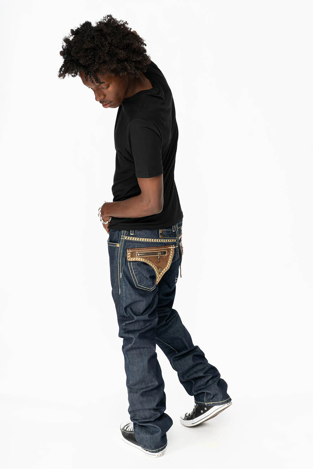 CLINT W/BROWN LEATHER ZIPPER FLAPS IN RINSE WASH WITH ANTIQUE BRASS EMBELLISHMENT - Image 7