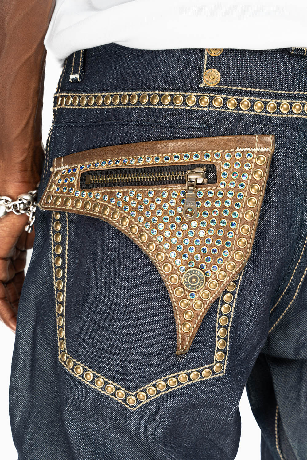 CLINT IN RINSE WASH  BROWN LEATHER ZIPPER FLAPS FULLY EMBELLISHED WITH CRYSTALS AND STUDS - Image 2