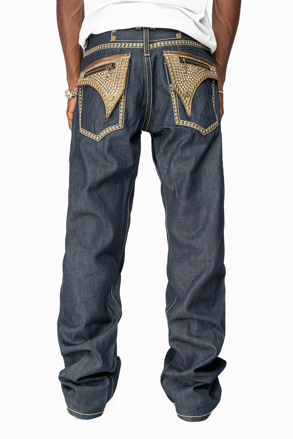 CLINT IN RINSE WASH  BROWN LEATHER ZIPPER FLAPS FULLY EMBELLISHED WITH CRYSTALS AND STUDS - Image 3
