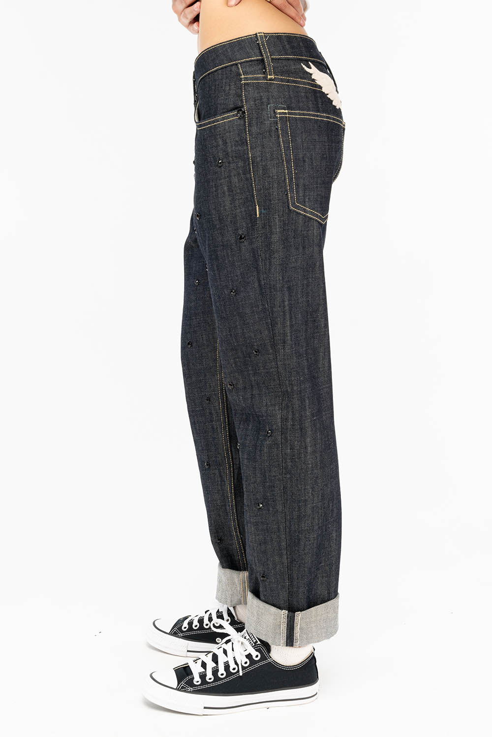 WOMENS BOYFRIEND STYLE JEANS RELAXED FIT WITH JET BLACK CRYSTALS IN RAW - Image 3