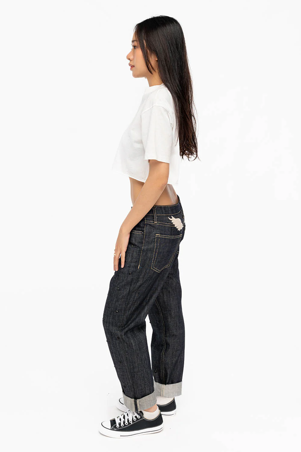 WOMENS BOYFRIEND STYLE JEANS RELAXED FIT WITH JET BLACK CRYSTALS IN RAW - Image 5