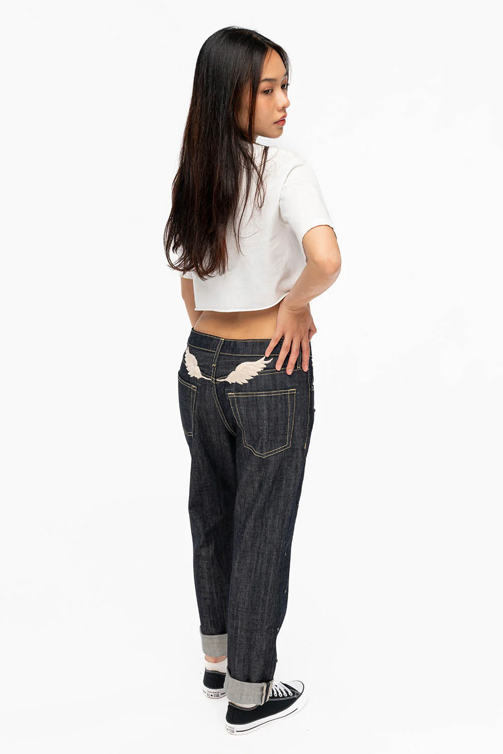 WOMENS BOYFRIEND STYLE JEANS RELAXED FIT WITH JET BLACK CRYSTALS IN RAW - Image 6