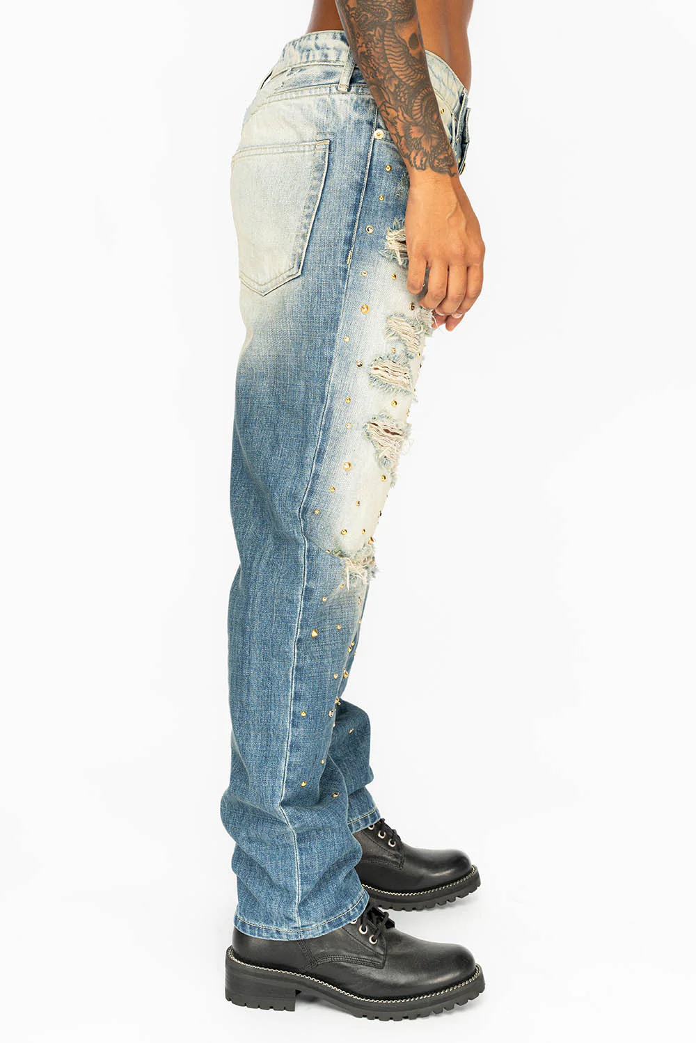 BOYFRIEND JEANS IN BLUE ELROY WASH BROKEN,DISTRESSED WITH GOLD NAILHEADS, GOLD STUDS AND & CRYSTALS - Image 3