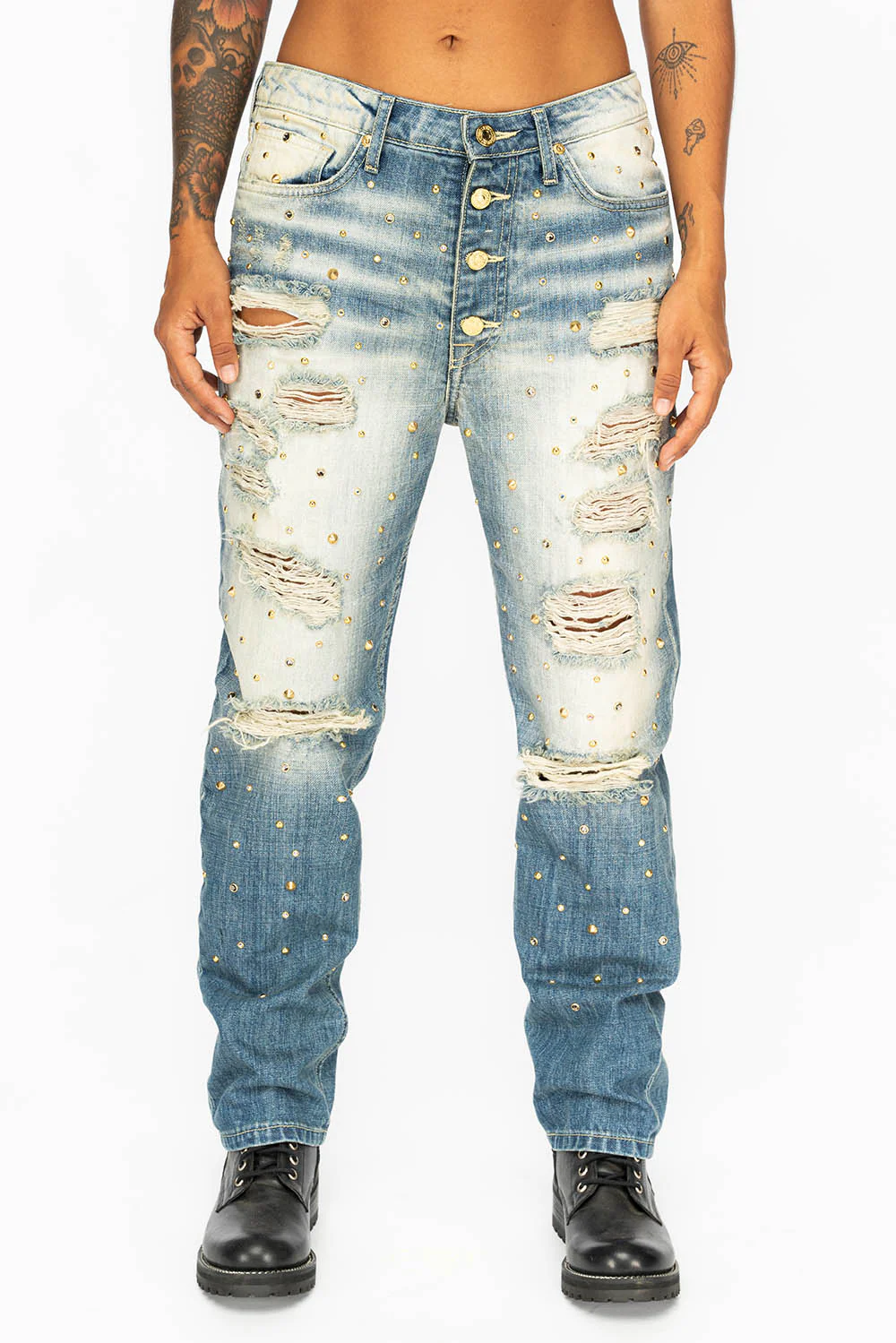 BOYFRIEND JEANS IN BLUE ELROY WASH BROKEN,DISTRESSED WITH GOLD NAILHEADS, GOLD STUDS AND & CRYSTALS - Image 4