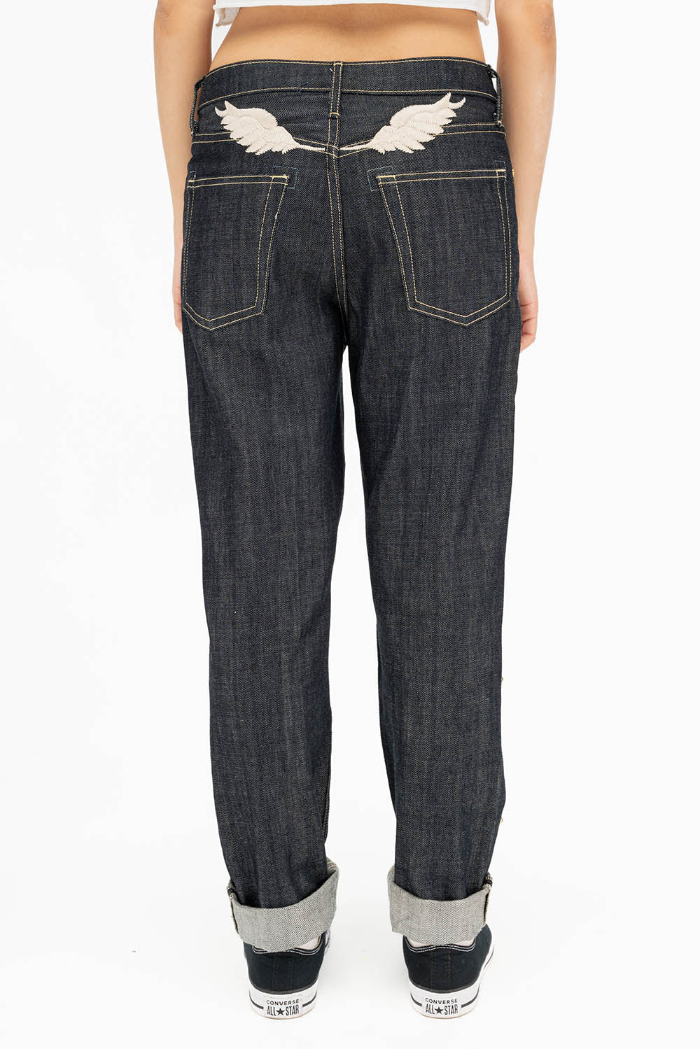 WOMENS BOYFRIEND STYLE JEANS WITH BLACK DIAMOND CRYSTALS IN RAW - Image 3