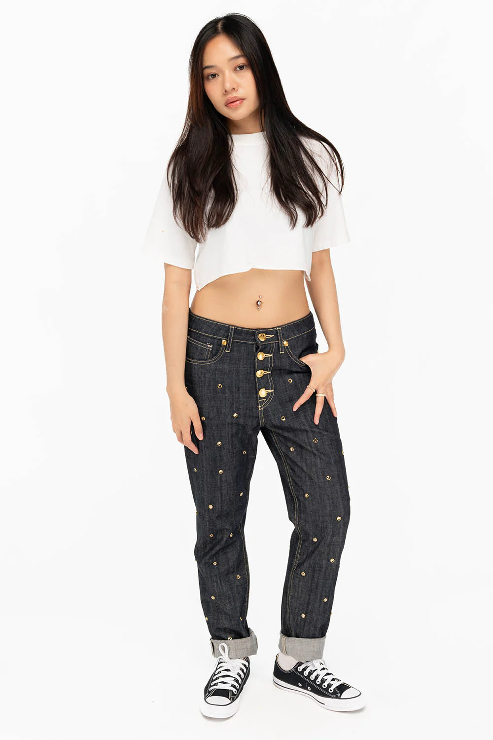 WOMENS BOYFRIEND STYLE JEANS WITH BLACK DIAMOND CRYSTALS IN RAW - Image 4