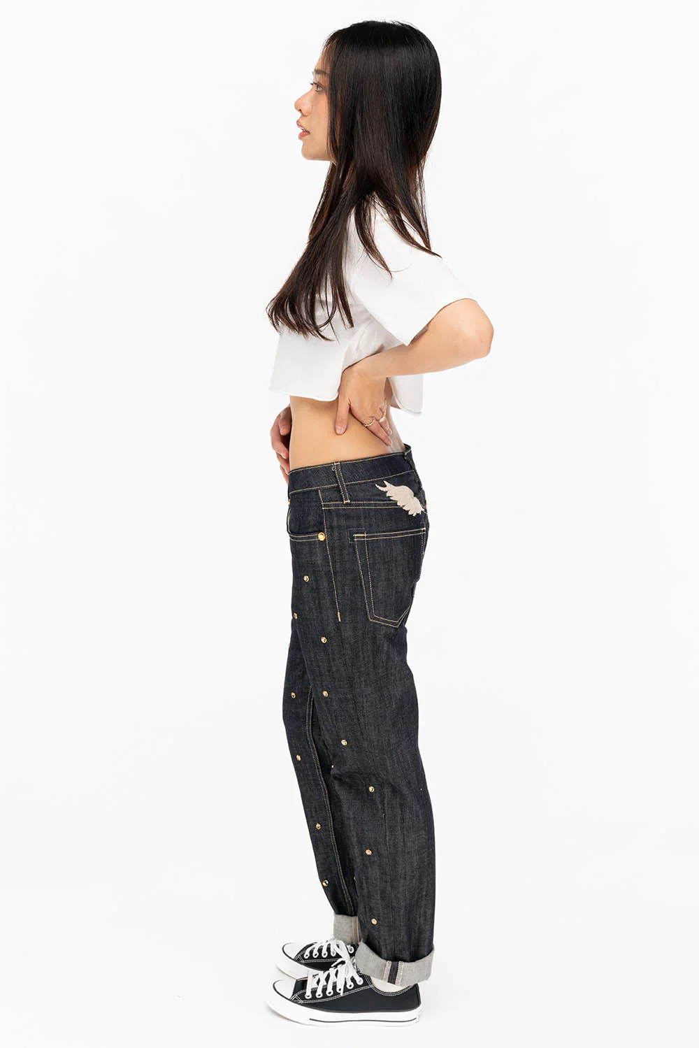 WOMENS BOYFRIEND STYLE JEANS WITH BLACK DIAMOND CRYSTALS IN RAW - Image 5