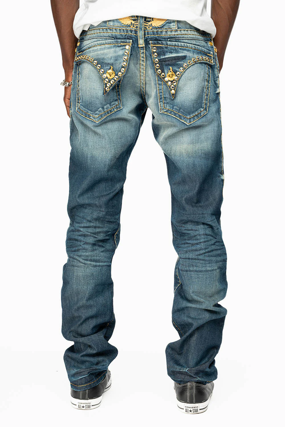 MENS LONG FLAP SLIM JEANS IN BLUE ALBANY DARK WASH WITH CLEAR CRYSTALS - Image 2