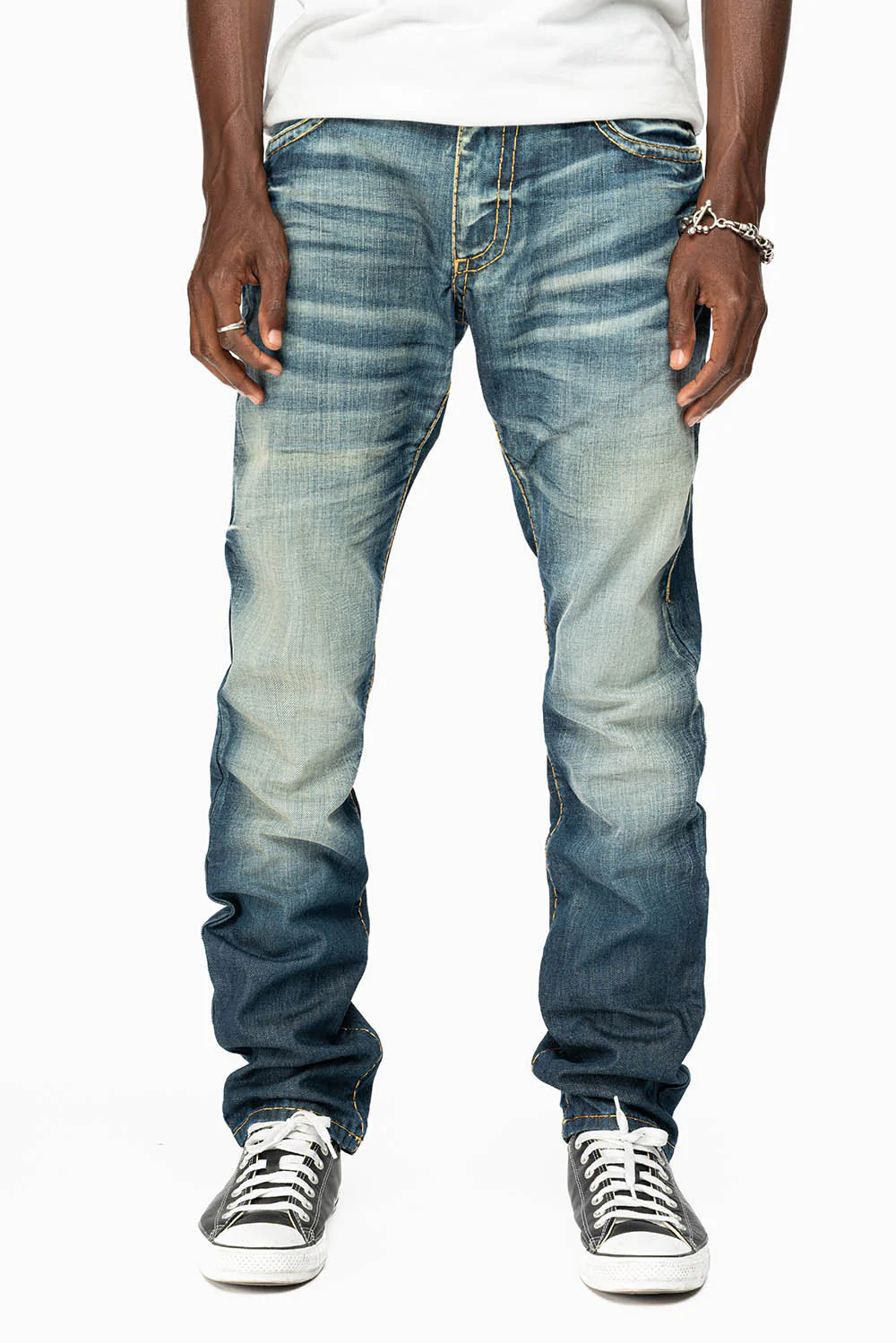 MENS LONG FLAP SLIM JEANS IN BLUE ALBANY DARK WASH WITH CLEAR CRYSTALS - Image 3