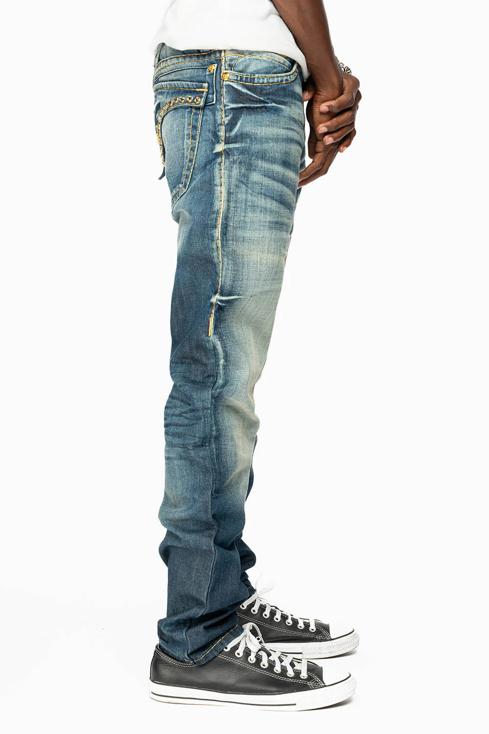 MENS LONG FLAP SLIM JEANS IN BLUE ALBANY DARK WASH WITH CLEAR CRYSTALS - Image 4